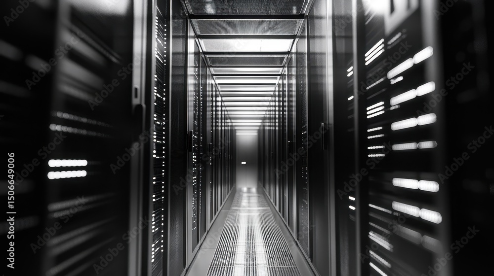 Poster innovative server space: a modern data hub showcasing cutting-edge technology and security in a busi