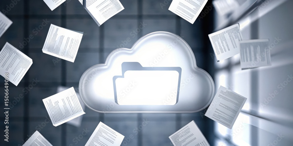 Poster digital documents fly around a glowing cloud icon representing cloud storage and online file managem