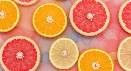 Fototapeta premium Citrus Symphony Vibrant fruit slices float in a swirling watercolor dreamscape