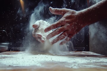 Fototapeta premium Baker's Hands in Action: Flour Dusting in a Bustling Kitchen Environment