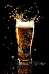 Dynamic Splash of Fresh Beer Rising Up Against a Dark Background