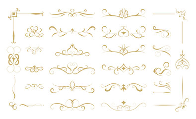 Luxury gold calligraphy swirl ornaments design element vector set. Hand drawn vintage flourishes for wedding cards and typography decoration.