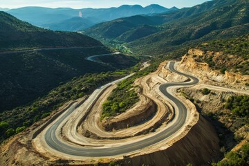 Fototapeta premium Aerial View of a Winding Road Under Construction Through Scenic Landscape with Cars Traveling
