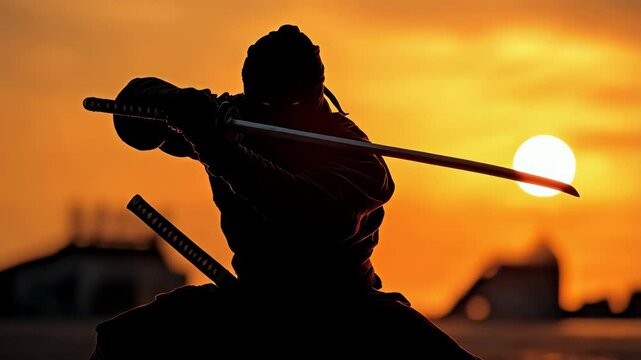 silhouette of ninja at sunset with sword