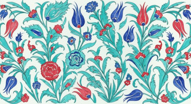 Iznik Artistry Turquoise Leaves  Crimson Blooms