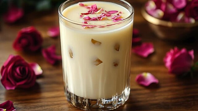 Creamy rose-petal infused milk drink in a glass, garnished with more petals, surrounded by roses and petals