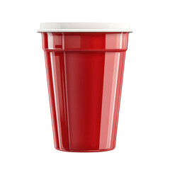 A glossy red disposable plastic cup with a white lid ready for a fun party on transparent background