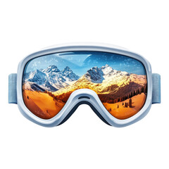 A snowy mountain range reflected on ski goggles capturing the essence of on transparent background