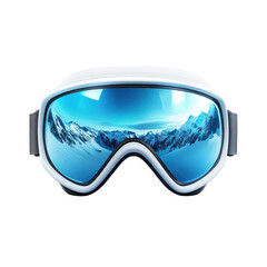 Crisp alpine mountain reflection in sky blue ski goggles for winter on transparent background