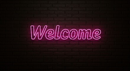 Obraz premium Glowing Welcome beckons on a dark brick wall