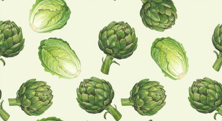 Obraz premium Greenscape Artichokes Romaine Lettuce in Watercolour Pattern