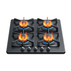 A modern gas stovetop blazing with vibrant orange flames ready to create on transparent background