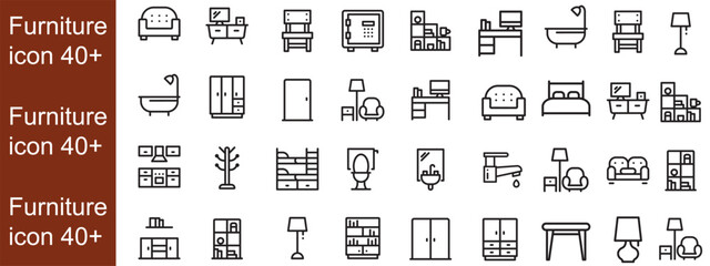 Furniture flat line icons set. Kitchen, bedroom, sofa table, bookcase closet, chair, mattress, lamps, ladder vector illustrations. Outline signs of house interior, editable stroke