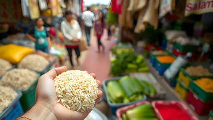 Handful of Rice at a Vibrant Asian Market A Glimpse into Daily Life