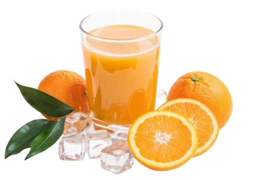 orange juice in glass with oranges and ice cubes.