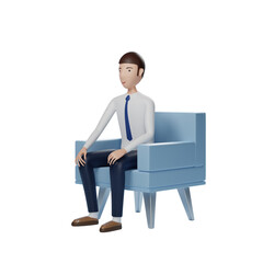 Office worker sitting and relaxing on a blue armchair with transparent background