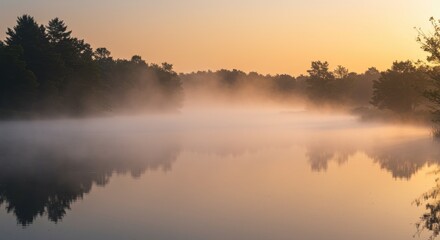 Obraz premium Misty Lake Sunrise Trees reflected in still water under a golden hazy dawn