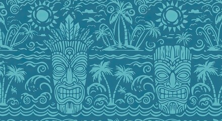 Teal tropical pattern with tiki masks and palm trees