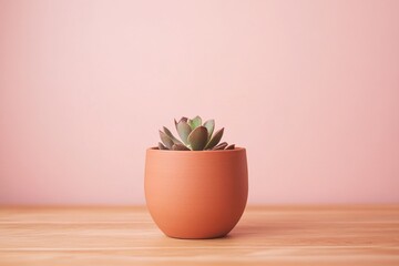 Terracotta succulent planter against a pale pink wall.