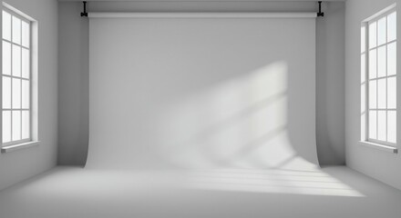 Fototapeta premium Minimalist photo studio with light streaming through windows onto backdrop