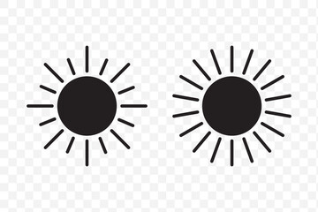 Sun icon set in black color on white background. Sun simple icons collection. Black sun icon set, sunshine and solar glow, sunrise or sunset. Vector illustration. EPS 10