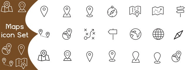 Location and Mapping, linear style icon set. Marking spots, pinpointing places and finding geographic coordinates. Maps, pins, compasses and globes for navigation. Editable stroke width