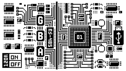 Microchip, chip texture tile pattern pixel art game assets, high tech circuit, microcircuit technology background. Vector illustration. 1-bit. Central processing unit, system code. Computer and CPU.