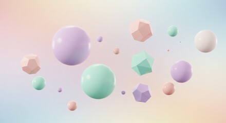 Pastel spheres  polyhedra float gently against a soft rainbow backdrop