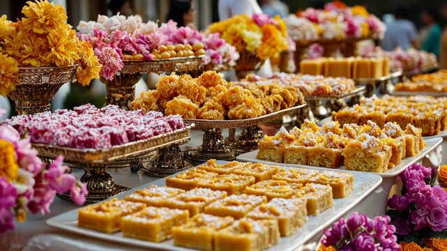 Lavish display of colorful sweets and pastries adorned with vibrant flowers, arranged on elegant tiered stands for a celebratory event