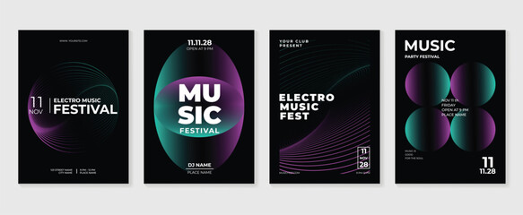 Music poster design background vector set. Electro Sound Cover template with purple abstract gradient geometric shape, line. Ideal design for social media, flyer, party, music festival, club.