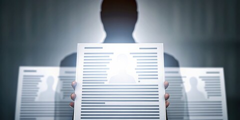 A person holding a resume, with two additional resumes in the background, suggesting a job application or recruitment process.