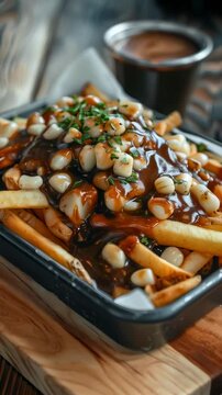 Authentic Canadian poutine with golden fries, squeaky cheese curds, and rich brown gravy served in a tray, capturing the comforting and indulgent essence of this beloved French-Canadian culinary