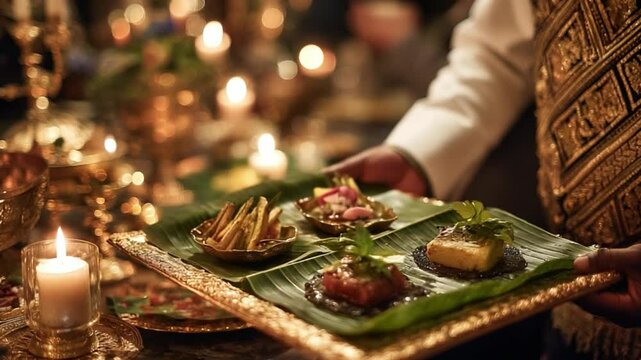 Elegant serving of gourmet dishes on a traditional platter with candles and decorative elements at a festive occasion