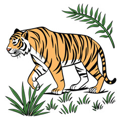 Stylized Cartoon Tiger Walking Through Tall Grass With Green Foliage