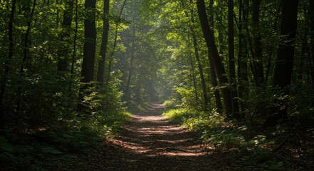 Fototapeta premium Sunkissed path beckons through a serene forest