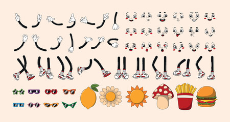 Groovy retro character parts: legs, hands, faces, sunglasses. Mascot elements, different poses and angles. 60s, 70s, 80s cartoon funky comic psychedelic hippie vector illustration set.