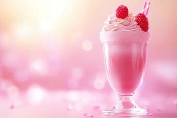 Pink raspberry milkshake in a glass.