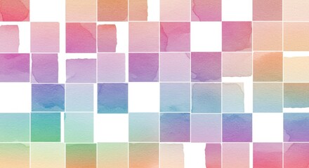 Fototapeta premium Watercolor squares in a checkerboard pattern create a gradient of soft pastel hues