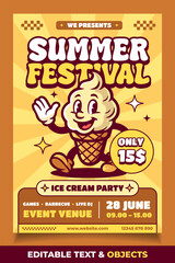 Ice Cream Retro Mascot Logo Flyer Template. Vintage Summer Festival Poster Illustration