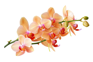 A branch of peach colored orchids with pink centers against a black background beautifully displayed