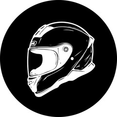 Stylized monochrome illustration of a motorcycle helmet against a circular backdrop