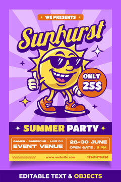 Sun Retro Mascot Logo Flyer Template. Vintage Summer Party Poster Illustration