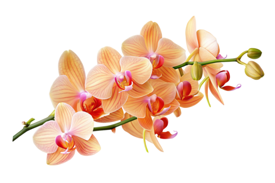 A branch of peach colored orchids with pink centers against a black background beautifully displayed