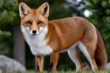 Fototapeta premium Alert Red Fox Standing in Grassy Woodland, Eyes Focused on the V