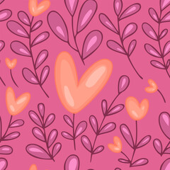 Seamless Floral Pattern with Heart-Shaped Flowers – Cute Fairytale Design for Kids Whimsical seamless pattern featuring branches with heart-shaped flowers and leaves in a lovely pink and peach color 