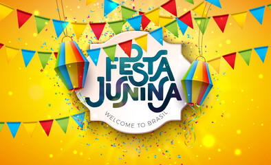 Festa Junina Banner Design with Party Flags, Paper Lantern and Typography Lettering on Yellow Falling Confetti Background. Vector Brazil Sao Joao June Festival Illustration for Greeting Card, Banner