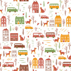 Seamless Scandinavian City Pattern with Cats, Dogs, and Houses – Naive Kids Illustration Playful seamless pattern in a Scandinavian naive style featuring cute houses, cars, buses, trees, cats, and dog