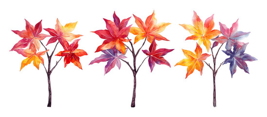 Watercolor painting of three maple trees with vibrant autumn leaves in shades of yellow, orange, and purple isolated on transparent background