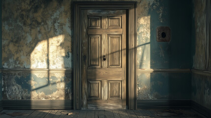 Nighttime view of an old abandoned stone church entrance with ancient wooden doors