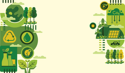 World environment and sustainable development concept with ecology icons template vector flat design, eco friendly and green technology. ESG for business and organization. Net zero and carbon neutral